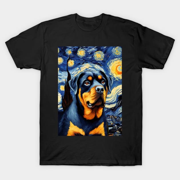 Rottweiler Dog Breed in a Van Gogh Starry Night Art Style T-Shirt by Art-Jiyuu